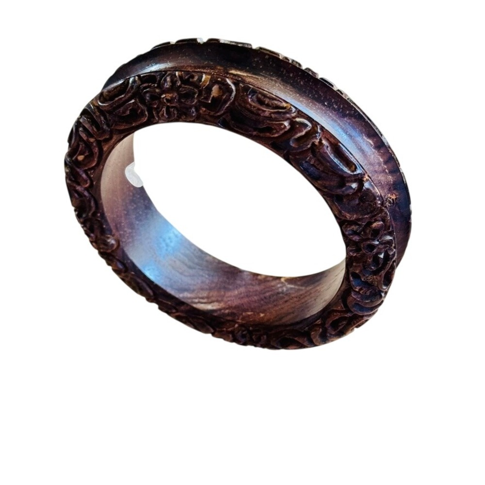 VTG Flower Vine Wood Carved Bracelet Bangle Floral Embossed Chunky Statement 60s